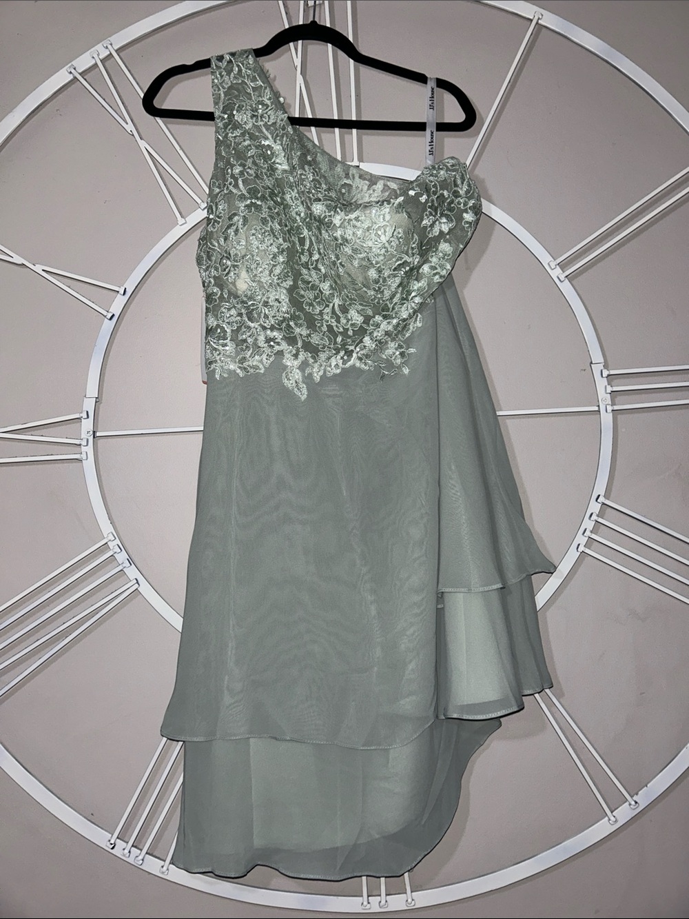 NWT JJs House Venache Sage Green One-Shoulder Lace & Chiffon Formal Midi Dress